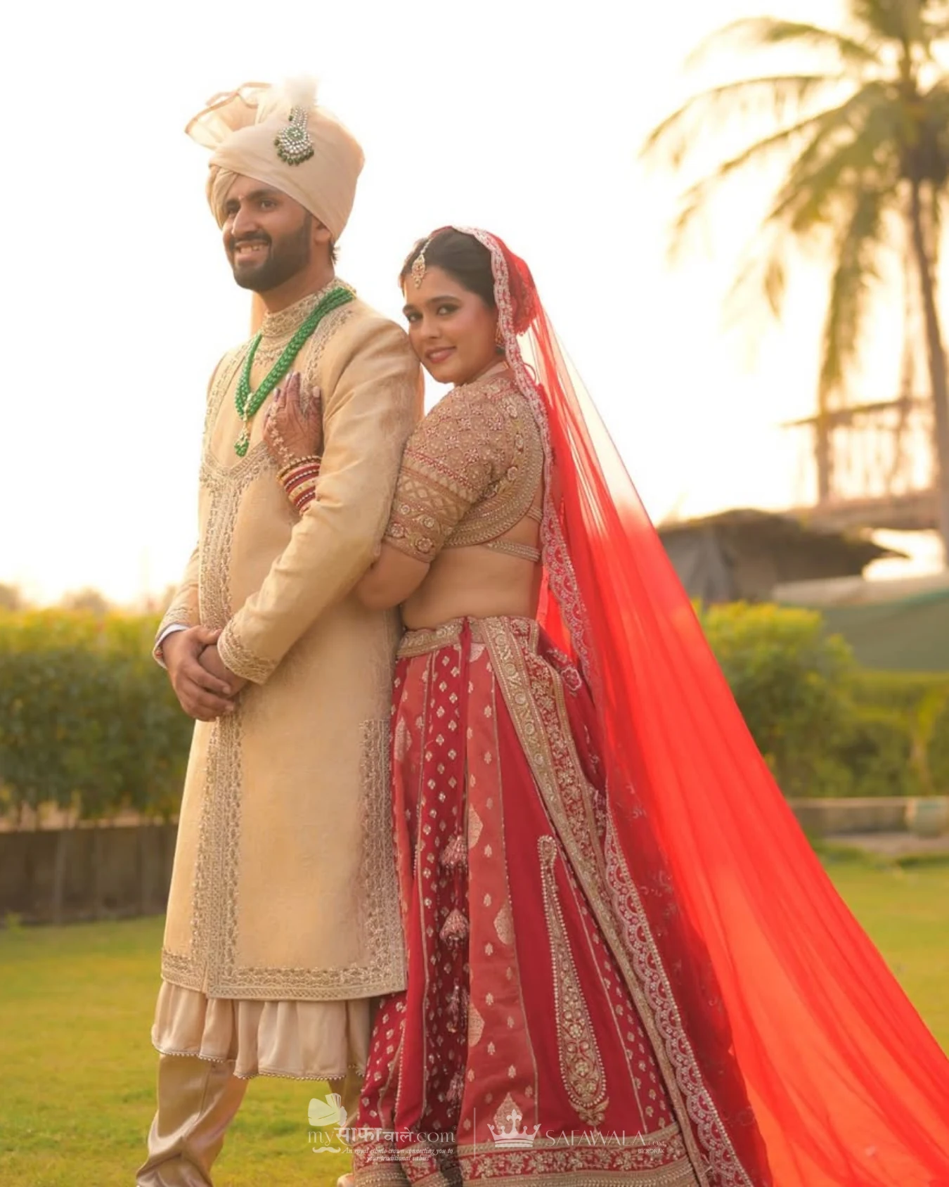 Classic groom pagdi styled with a red ceremonial stole for baraat safa tying in Lonavala